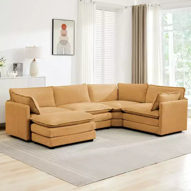 Canapé sectionnel modulaire moderne 5 places en velours côtelé, surdimensionné, 288 cm (L) x 201 cm (l), avec pouf, canapé en forme de U avec canapé d'angle, HYLEORY