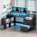 Bureau d'angle en L de 65 po avec DEL RVB, support pour moniteur et armoire de rangement – 1 personne | Blanc / Chêne / Gris anthracite / Noir
