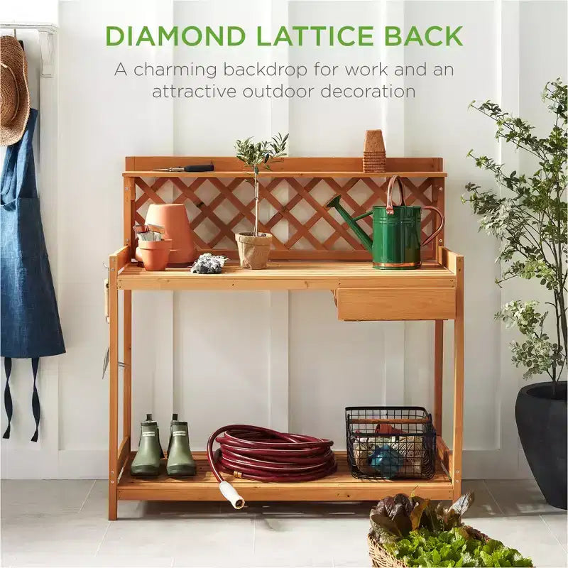 Table de rempotage de jardin en bois pour extérieur Best Choice Products, établi avec tiroir et étagère ouverte