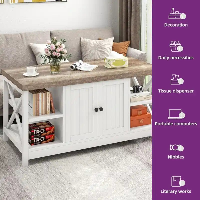 Table basse d'appoint en bois style rustique avec grande étagère de rangement