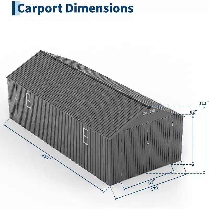 Abri d'auto en métal 12x25 pieds entièrement fermé avec toit vertical et structure en acier