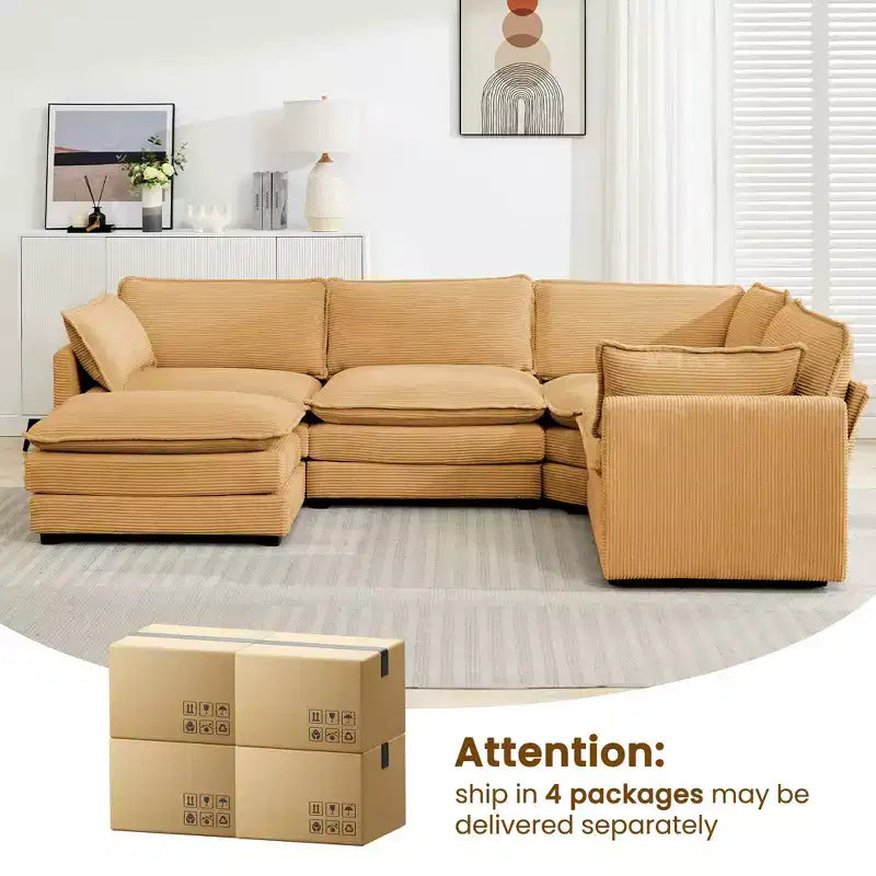 Canapé sectionnel modulaire moderne 5 places en velours côtelé, surdimensionné, 288 cm (L) x 201 cm (l), avec pouf, canapé en forme de U avec canapé d'angle, HYLEORY