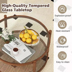 Table basse ronde de 31 po avec plateau en verre trempé et étagère en rotin