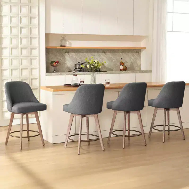 Lot de 4 tabourets de bar pivotants Bekrvio 26 pouces à hauteur de comptoir avec dossiers et pieds en bois, tabourets de bar rembourrés en tissu lin/similicuir pour îlot de cuisine