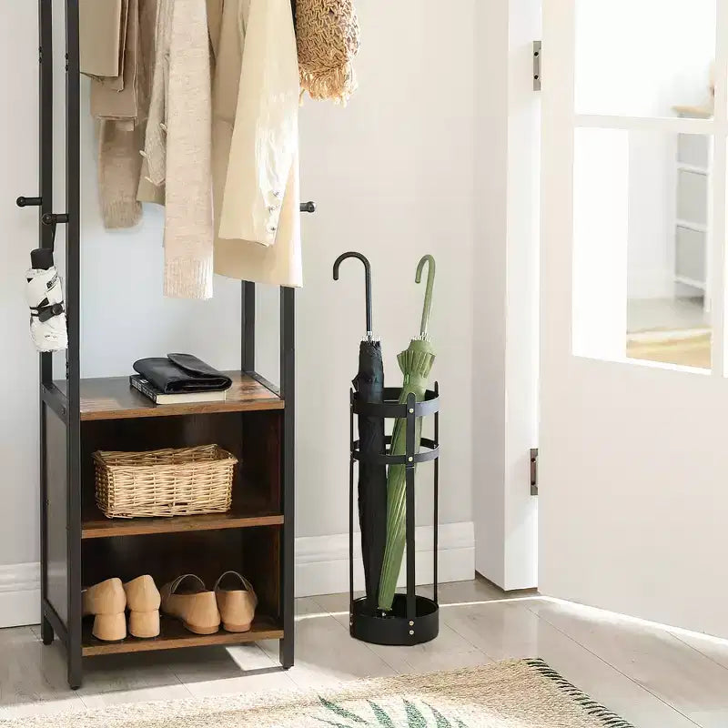 Steel Umbrella Stand with Drip Tray - 4-Hook Organizer for Entryway, Rust-Resistant, Multi-Purpose Storage, Matte Black