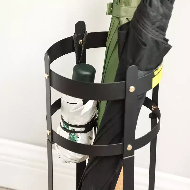 Porte-parapluies en acier avec égouttoir - Organiseur 4 crochets pour entrée, résistant à la rouille, rangement multifonctionnel, noir mat