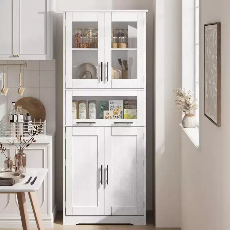 67 Tall Bathroom Cabinet, Freestanding Storage Cabinet with Glass Doors and Adjustable Shelves and Drawers,