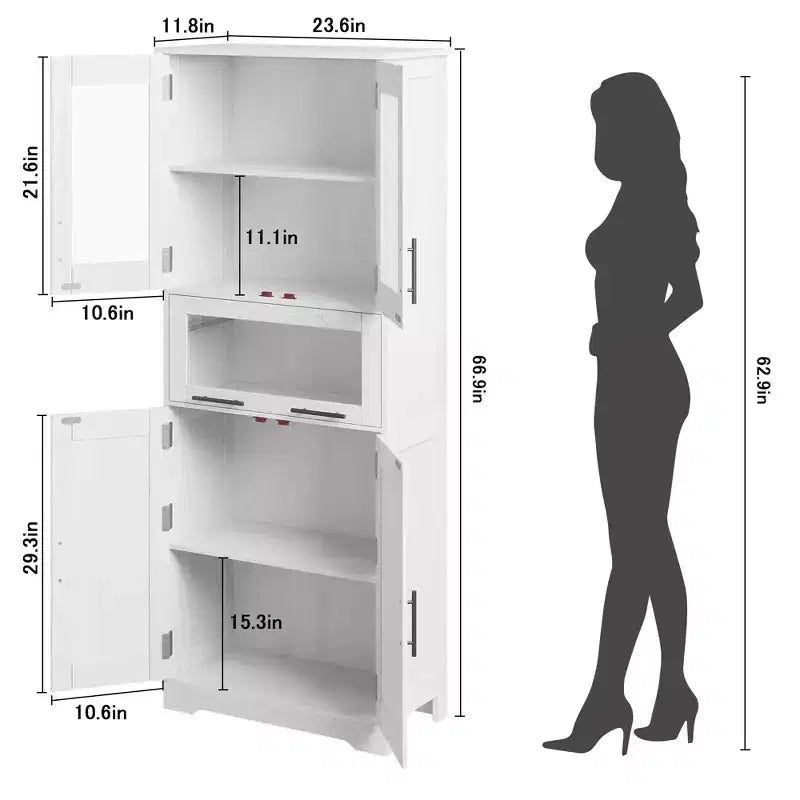 Meuble de salle de bain haut de 170 cm, armoire de rangement autoportante avec portes vitrées, étagères réglables et tiroirs,