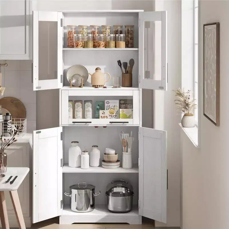 Meuble de salle de bain haut de 170 cm, armoire de rangement autoportante avec portes vitrées, étagères réglables et tiroirs,