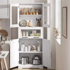 Meuble de salle de bain haut de 170 cm, armoire de rangement autoportante avec portes vitrées, étagères réglables et tiroirs,