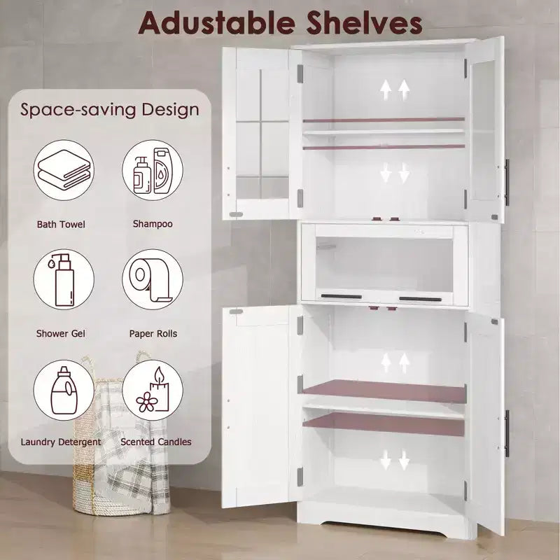 Meuble de salle de bain haut de 170 cm, armoire de rangement autoportante avec portes vitrées, étagères réglables et tiroirs,