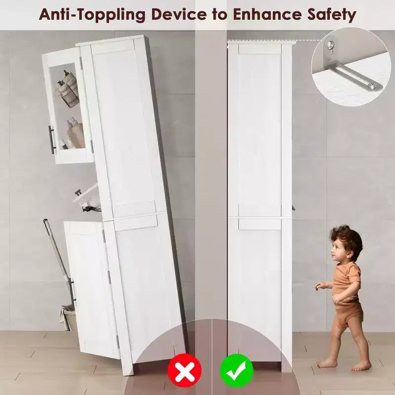 Meuble de salle de bain haut de 170 cm, armoire de rangement autoportante avec portes vitrées, étagères réglables et tiroirs,