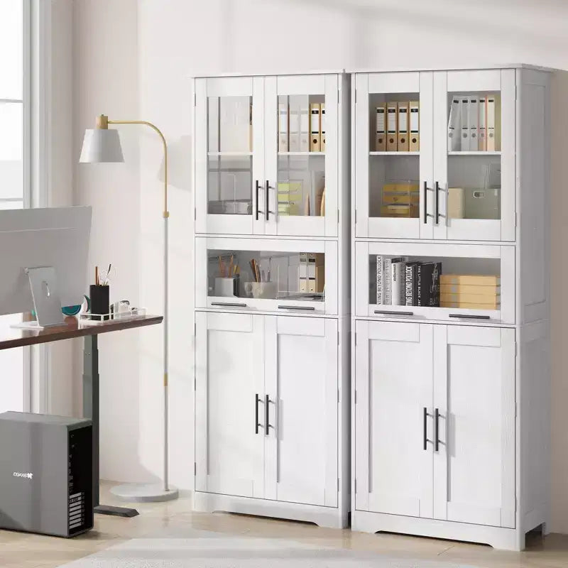 Meuble de salle de bain haut de 170 cm, armoire de rangement autoportante avec portes vitrées, étagères réglables et tiroirs,