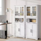 Meuble de salle de bain haut de 170 cm, armoire de rangement autoportante avec portes vitrées, étagères réglables et tiroirs,