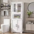 Meuble de salle de bain haut de 170 cm, armoire de rangement autoportante avec portes vitrées, étagères réglables et tiroirs,
