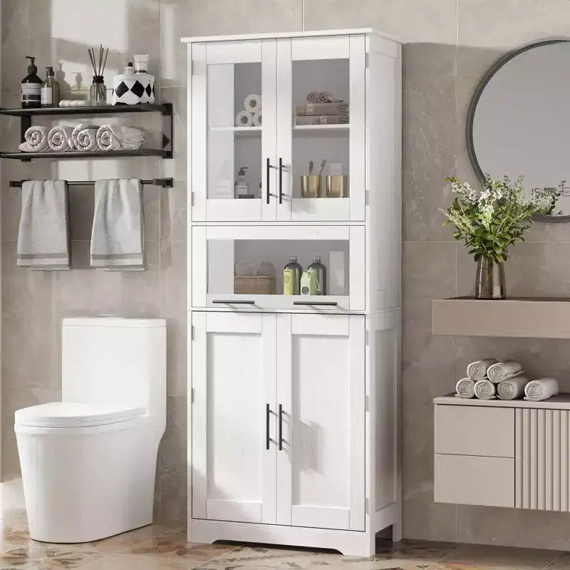 Meuble de salle de bain haut de 170 cm, armoire de rangement autoportante avec portes vitrées, étagères réglables et tiroirs,