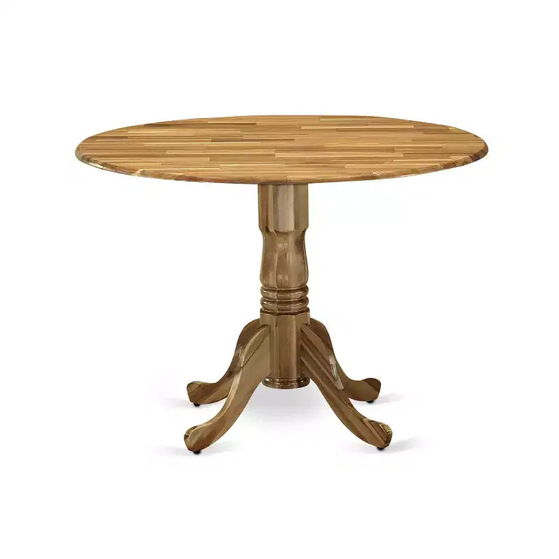 Table à manger en bois d'acacia offrant une texture boisée avec deux rallonges abattantes de 23 cm