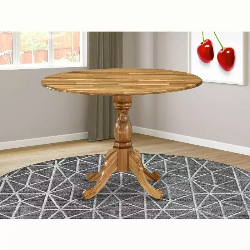 Table à manger en bois d'acacia offrant une texture boisée avec deux rallonges abattantes de 23 cm