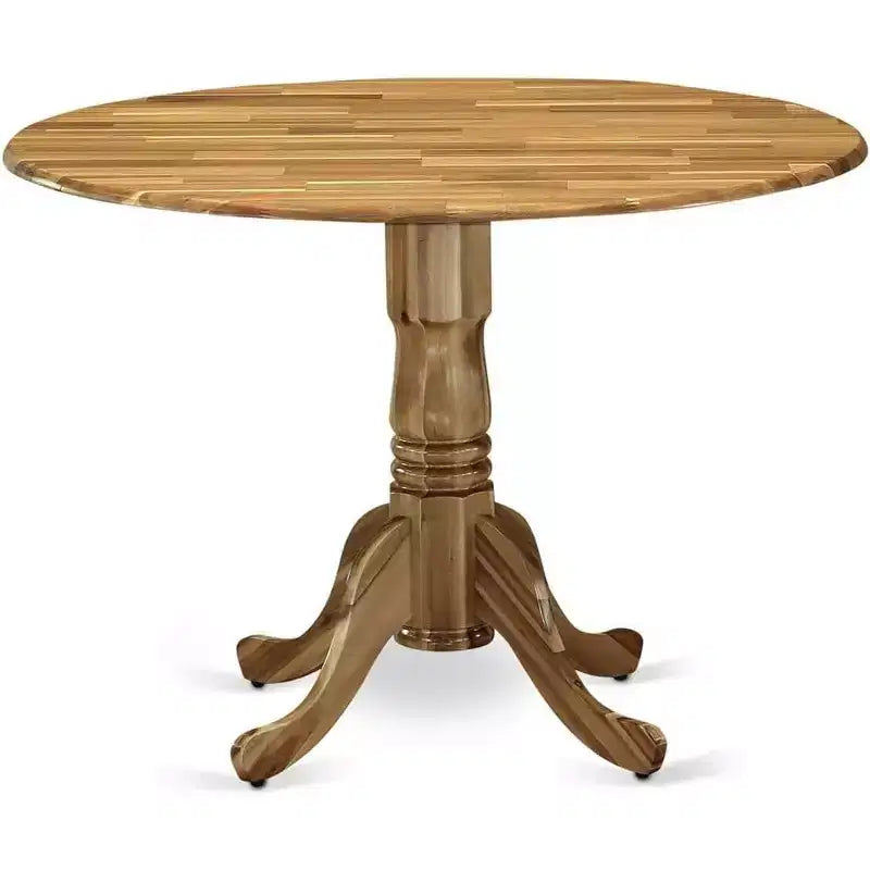 Table à manger en bois d'acacia offrant une texture boisée avec deux rallonges abattantes de 23 cm