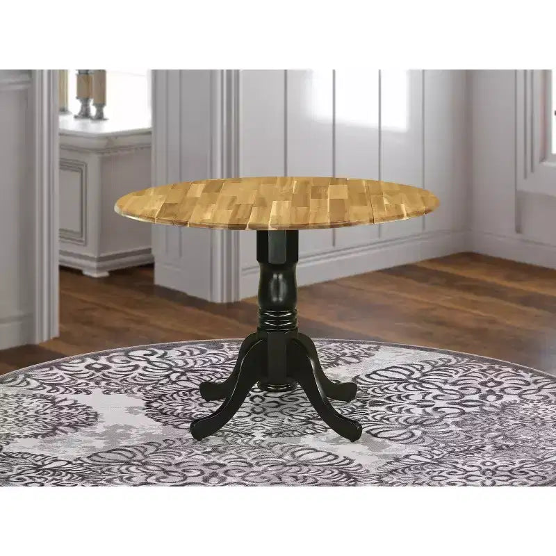 Table à manger en bois d'acacia offrant une texture boisée avec deux rallonges abattantes de 23 cm
