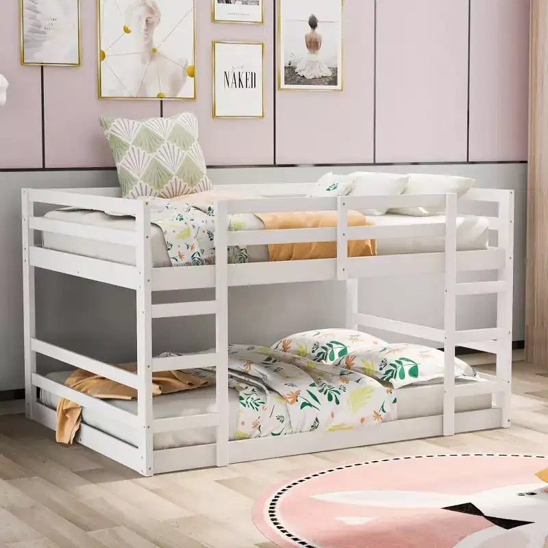 Low Bunk Bed , Wooden Floor Bunk Bed with Ladder, Bunk Bed with Full Guardrails