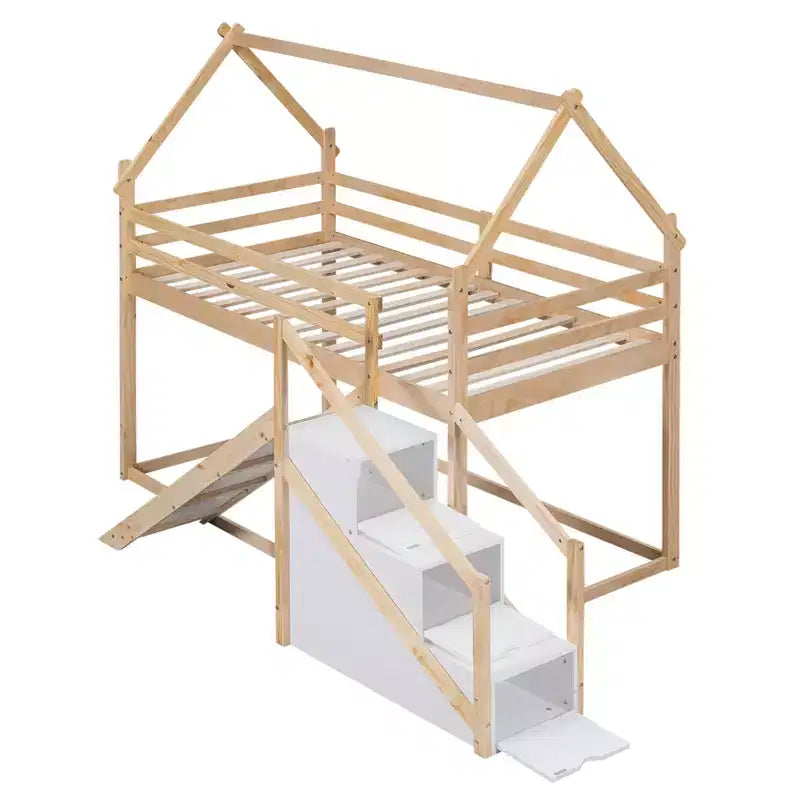 Lits superposés maison avec toboggan et escaliers de rangement, lit superposé double en bois avec toit et escaliers pour filles et garçons