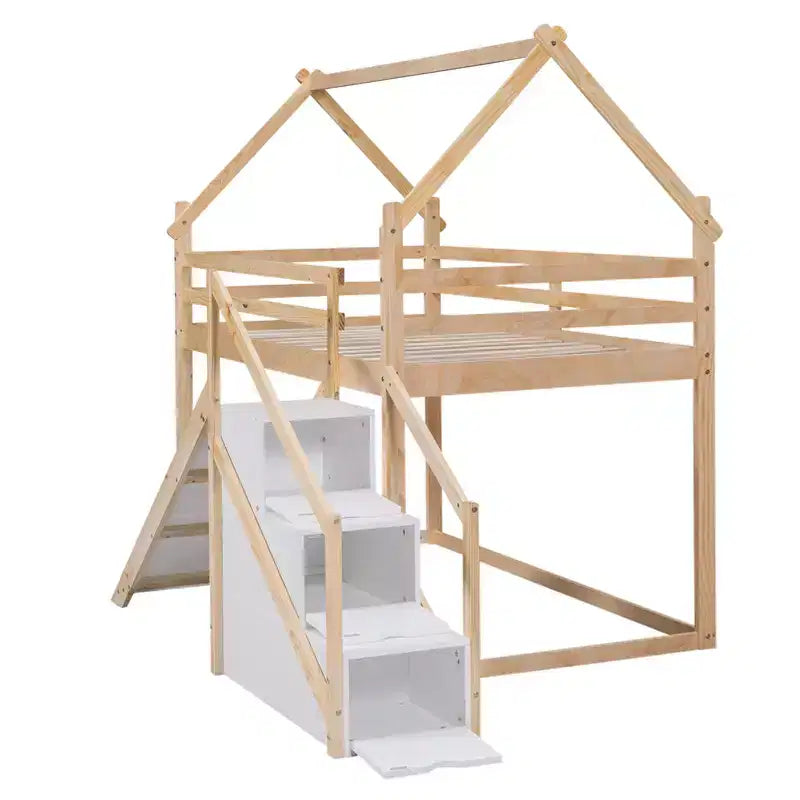 Lits superposés maison avec toboggan et escaliers de rangement, lit superposé double en bois avec toit et escaliers pour filles et garçons