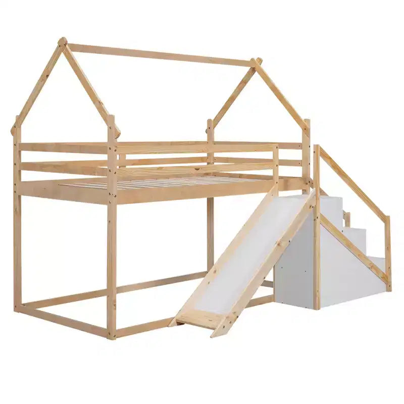 Lits superposés maison avec toboggan et escaliers de rangement, lit superposé double en bois avec toit et escaliers pour filles et garçons