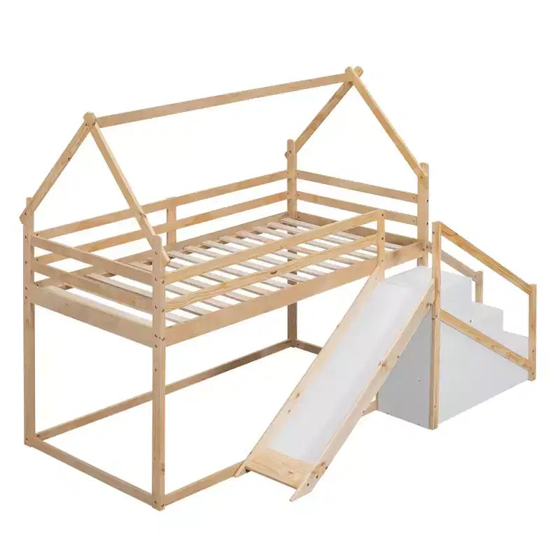 Lits superposés maison avec toboggan et escaliers de rangement, lit superposé double en bois avec toit et escaliers pour filles et garçons