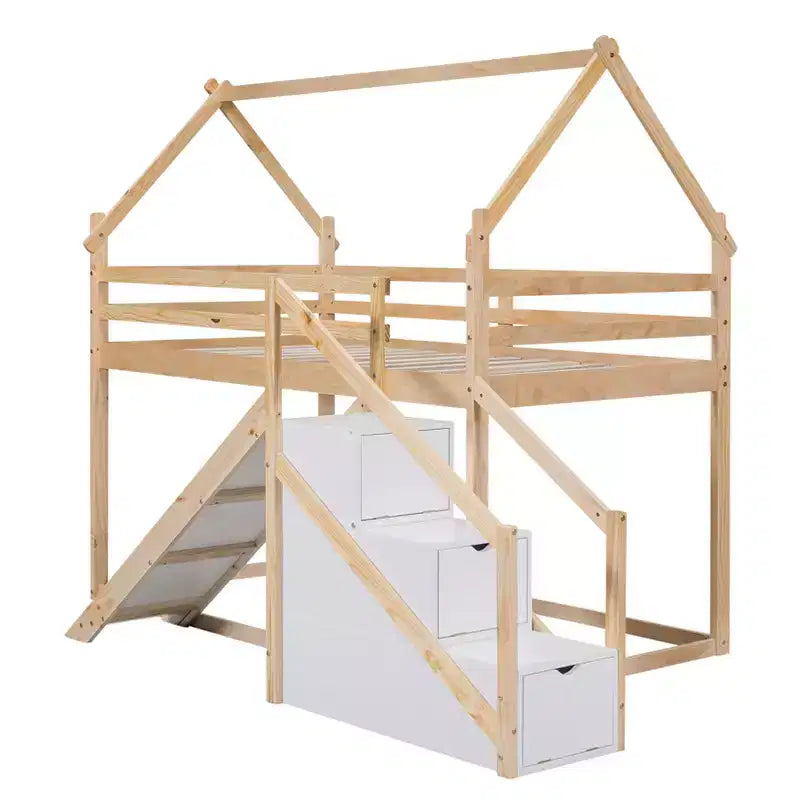 Lits superposés maison avec toboggan et escaliers de rangement, lit superposé double en bois avec toit et escaliers pour filles et garçons