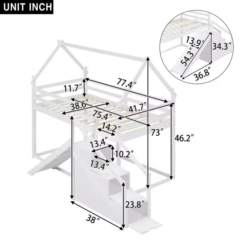 Lits superposés maison avec toboggan et escaliers de rangement, lit superposé double en bois avec toit et escaliers pour filles et garçons