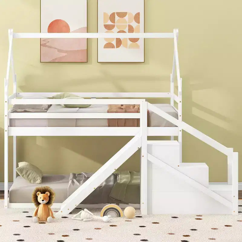 Lits superposés maison avec toboggan et escaliers de rangement, lit superposé double en bois avec toit et escaliers pour filles et garçons