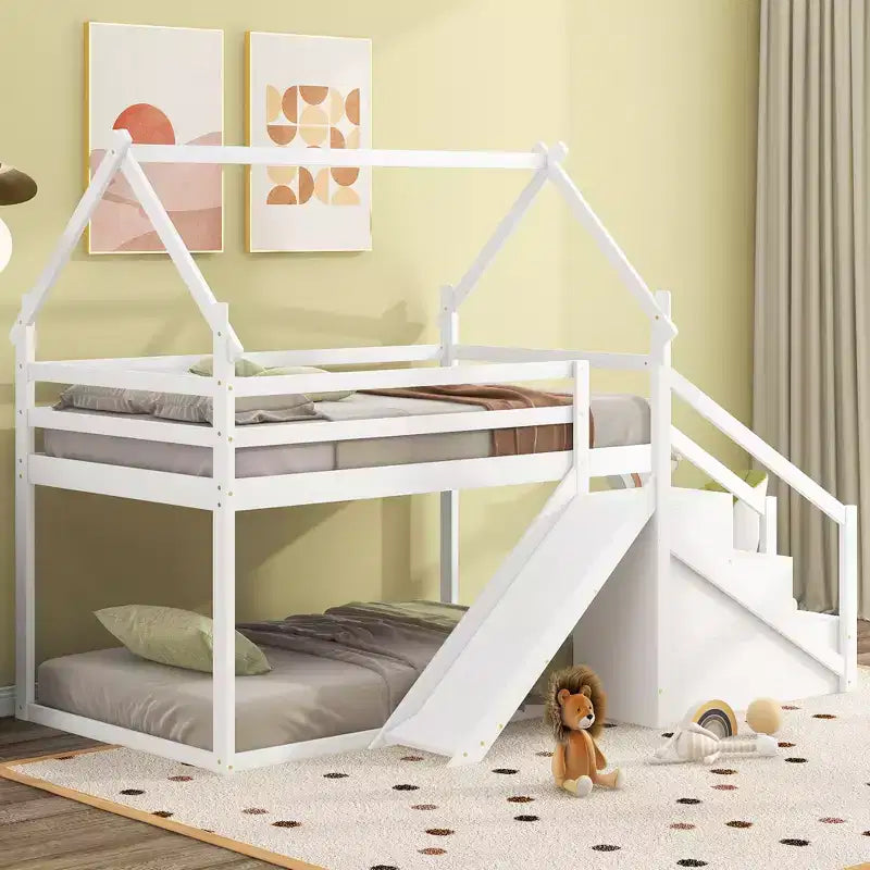 Lits superposés maison avec toboggan et escaliers de rangement, lit superposé double en bois avec toit et escaliers pour filles et garçons