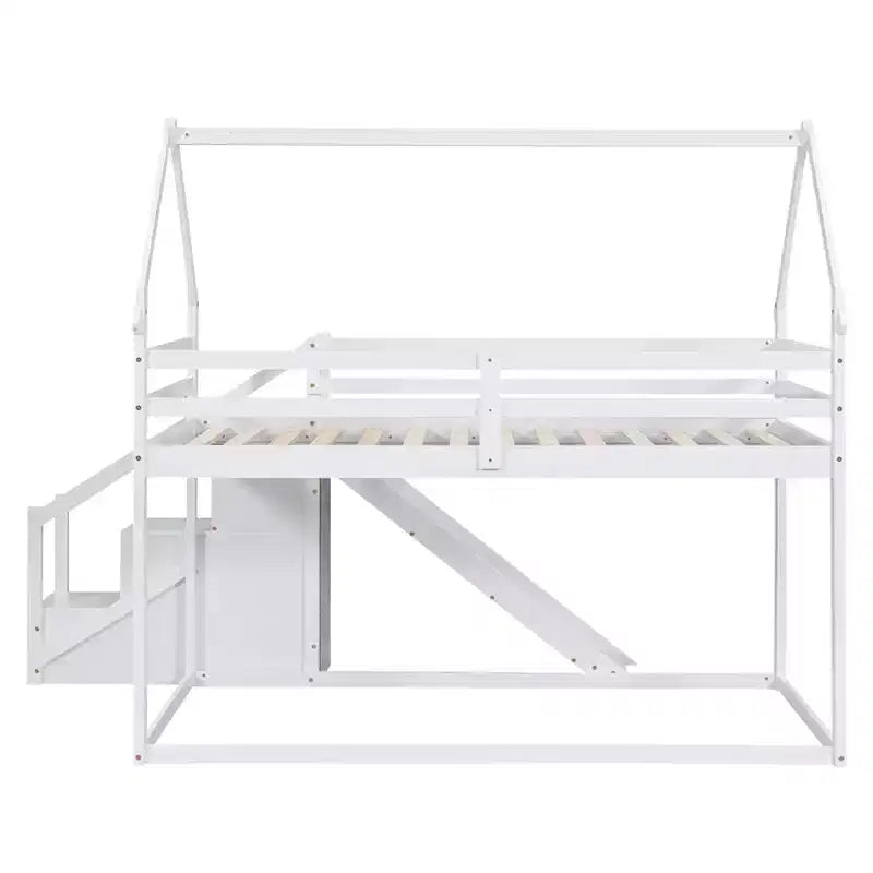 Lits superposés maison avec toboggan et escaliers de rangement, lit superposé double en bois avec toit et escaliers pour filles et garçons