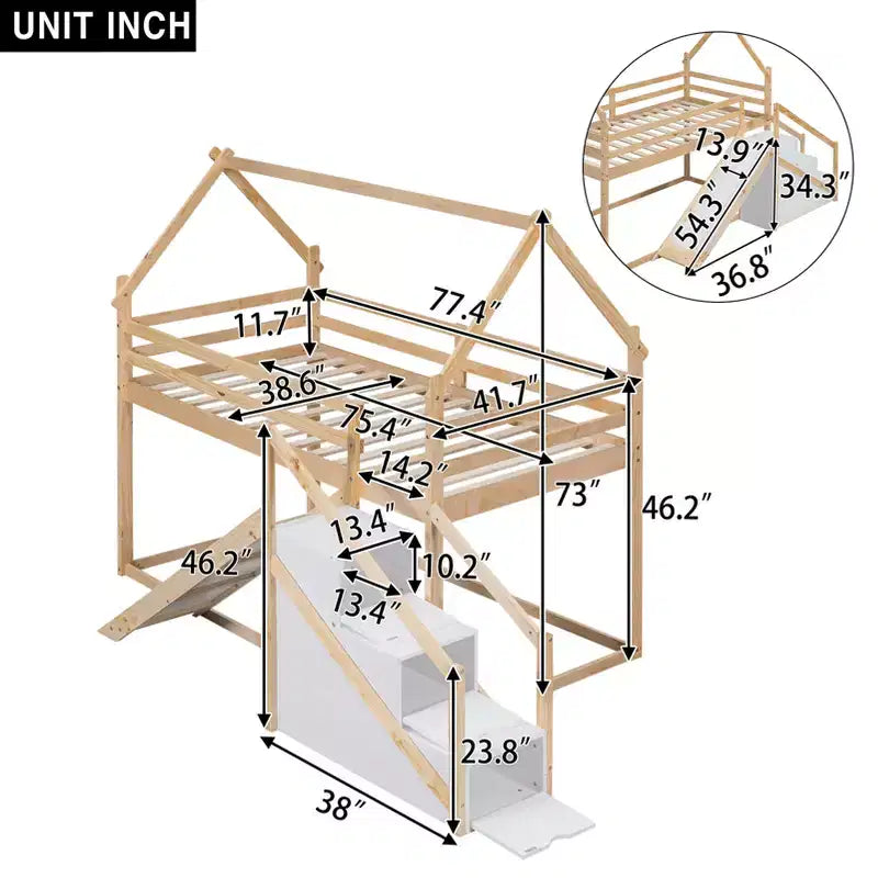 Lits superposés maison avec toboggan et escaliers de rangement, lit superposé double en bois avec toit et escaliers pour filles et garçons
