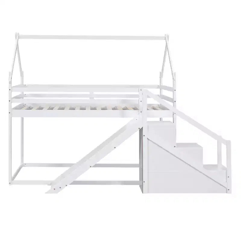 Lits superposés maison avec toboggan et escaliers de rangement, lit superposé double en bois avec toit et escaliers pour filles et garçons