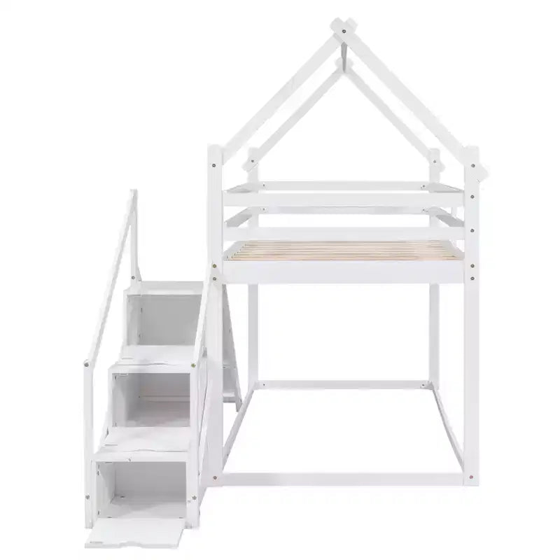 Lits superposés maison avec toboggan et escaliers de rangement, lit superposé double en bois avec toit et escaliers pour filles et garçons