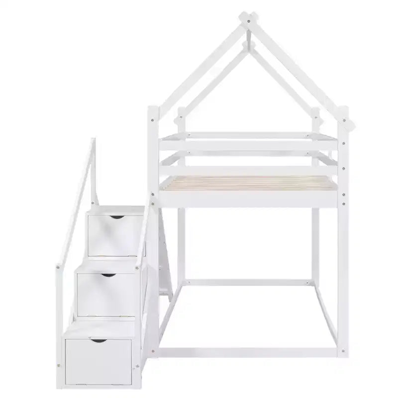 Lits superposés maison avec toboggan et escaliers de rangement, lit superposé double en bois avec toit et escaliers pour filles et garçons