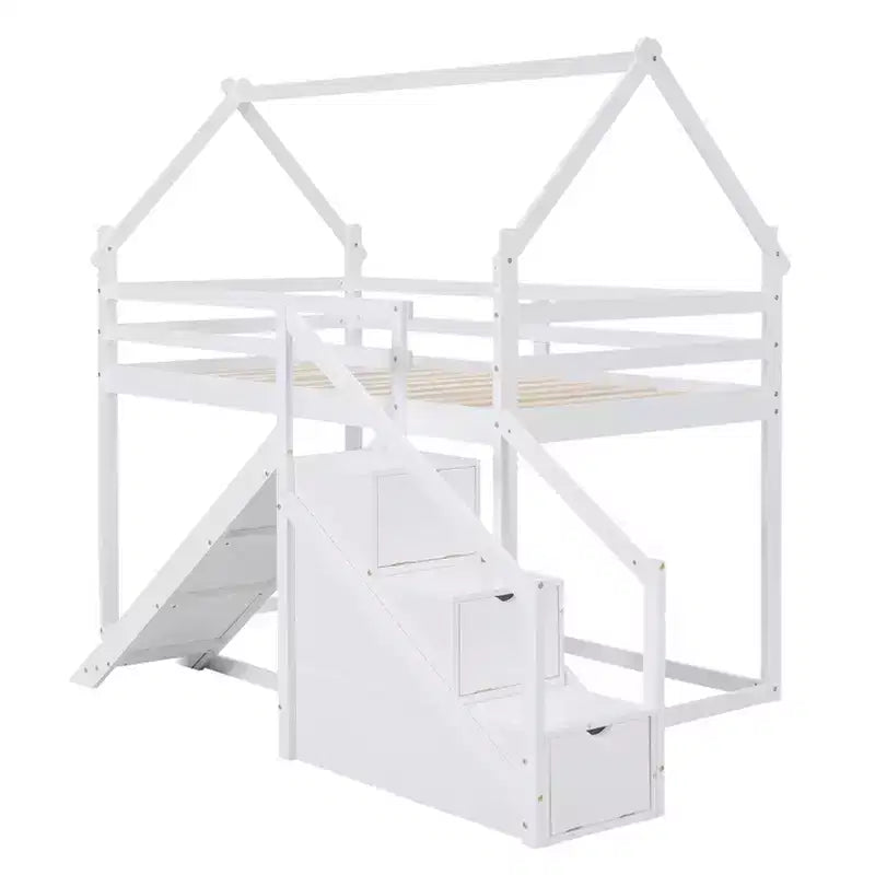 Lits superposés maison avec toboggan et escaliers de rangement, lit superposé double en bois avec toit et escaliers pour filles et garçons