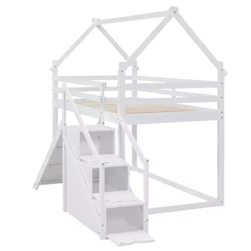 Lits superposés maison avec toboggan et escaliers de rangement, lit superposé double en bois avec toit et escaliers pour filles et garçons