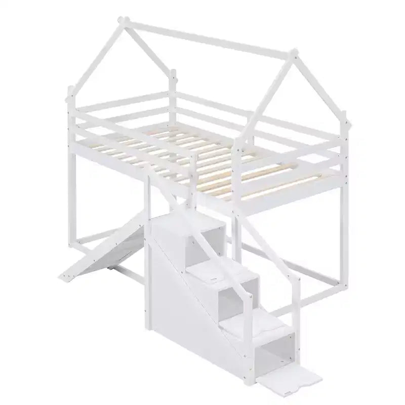 Lits superposés maison avec toboggan et escaliers de rangement, lit superposé double en bois avec toit et escaliers pour filles et garçons