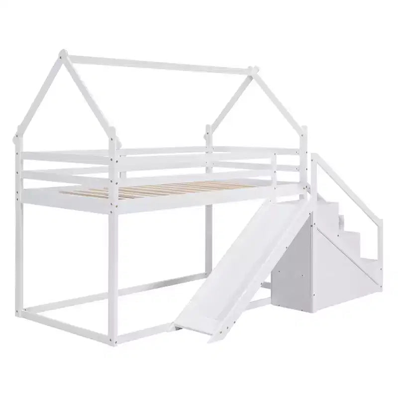 Lits superposés maison avec toboggan et escaliers de rangement, lit superposé double en bois avec toit et escaliers pour filles et garçons