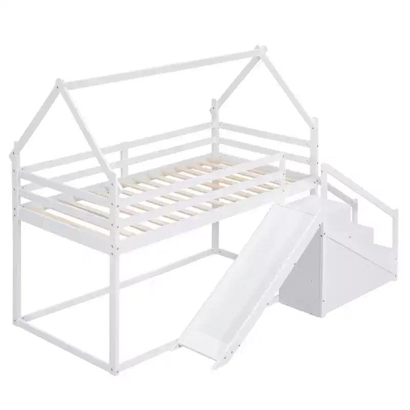 Lits superposés maison avec toboggan et escaliers de rangement, lit superposé double en bois avec toit et escaliers pour filles et garçons
