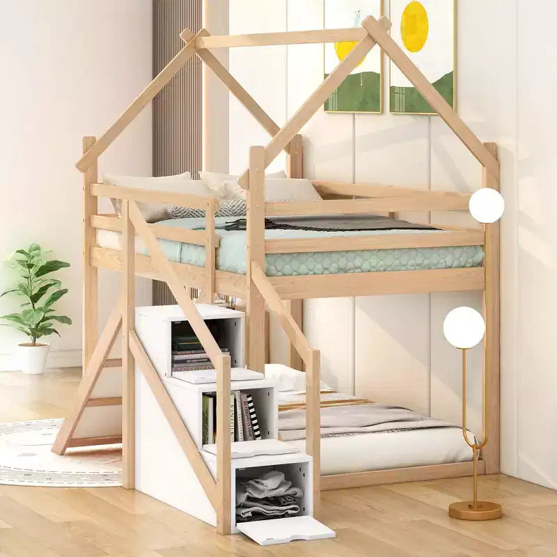 Lits superposés maison avec toboggan et escaliers de rangement, lit superposé double en bois avec toit et escaliers pour filles et garçons