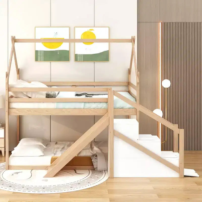 Lits superposés maison avec toboggan et escaliers de rangement, lit superposé double en bois avec toit et escaliers pour filles et garçons
