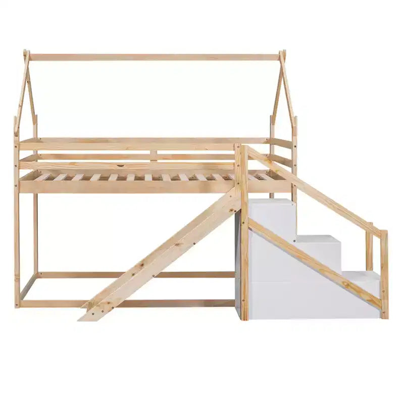Lits superposés maison avec toboggan et escaliers de rangement, lit superposé double en bois avec toit et escaliers pour filles et garçons