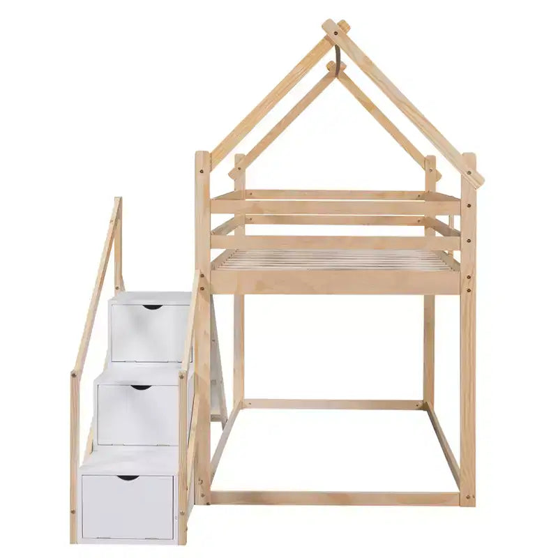 Lits superposés maison avec toboggan et escaliers de rangement, lit superposé double en bois avec toit et escaliers pour filles et garçons