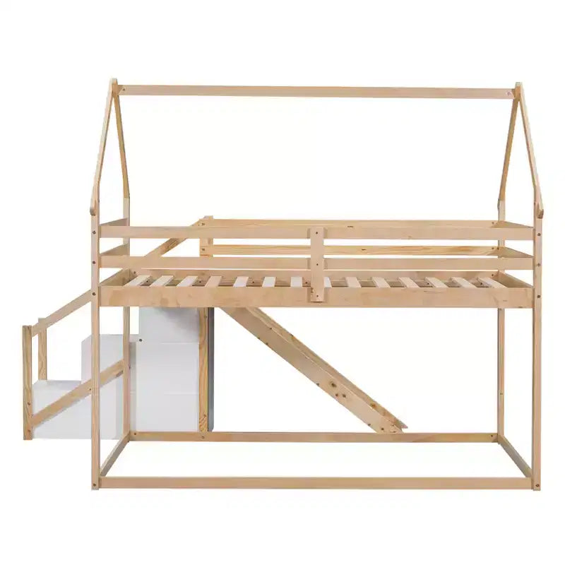 Lits superposés maison avec toboggan et escaliers de rangement, lit superposé double en bois avec toit et escaliers pour filles et garçons