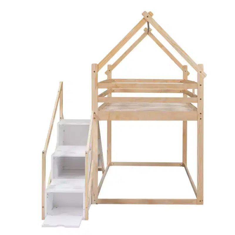 Lits superposés maison avec toboggan et escaliers de rangement, lit superposé double en bois avec toit et escaliers pour filles et garçons
