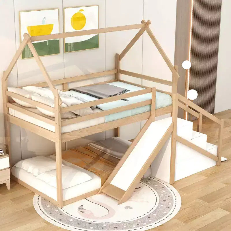 House Bunk Beds with Slide and Storage Stairs, Kids Wood Twin over Twin Bunk Bed with Roof and Stairs for Girls Boys
